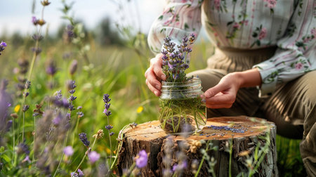 Lavender field scenery with gentle sunset tones and natural wellness atmosphere.の素材