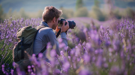 Trendy influencer posing in lavender field capturing aesthetic summer content.の素材