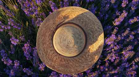 Trendy influencer posing in lavender field capturing aesthetic summer content.の素材