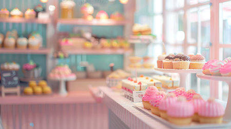 Warmly lit blurred bakery interior showcasing fresh pastries and rustic decorの素材