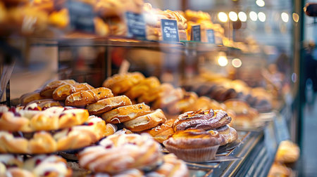 Warmly lit blurred bakery interior showcasing fresh pastries and rustic decorの素材