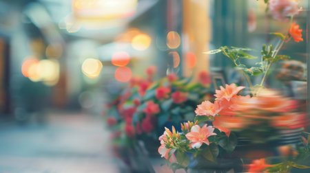 Soft light in pastel flower shop with blurred details and spring.の素材