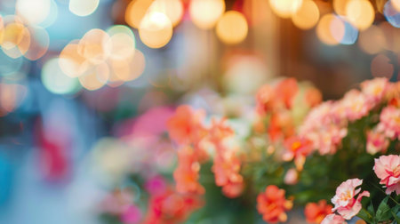 Soft blurred background of cozy flower shop with pastel colors and gentle lightの素材