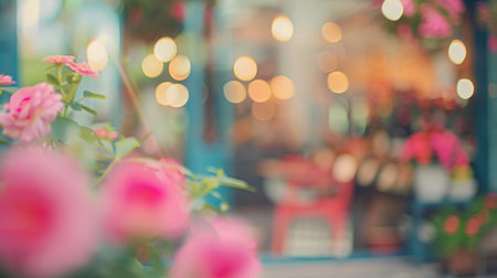 Soft blurred background of cozy flower shop with pastel colors and gentle lightの素材
