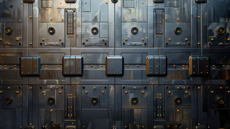 Abstract layout of metallic safes used as a modern security design backdrop.の素材