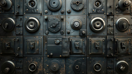 Abstract layout of metallic safes used as a modern security design backdrop.の素材