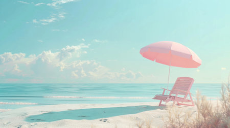 A pink empty beach umbrella and lounge chair on the sand, overlooking an ocean view. summer vibes.の素材