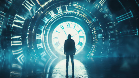 Mysterious human figure in time loop concept with futuristic elements.の素材