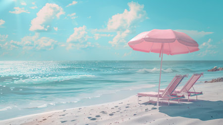 Trendy pink sunshade and lounge by the sea with summer atmosphere.の素材