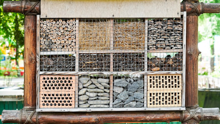 Eco style insect shelter in garden surrounded by wild plants and flowersの写真素材