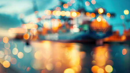 Defocused view of seaport with cranes and cargo containers.の素材