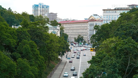Wide street with traffic and classic buildings in Kyiv city centerの写真素材