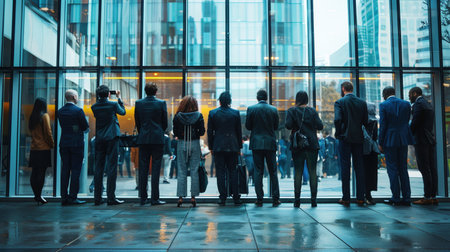 Business queue concept of people waiting in suits before corporate meeting.の素材