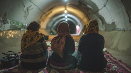 People huddled in basement shelter during conflict awaiting silence.の素材