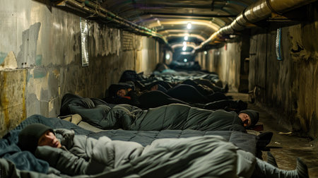 People sheltering underground during conflict waiting for calm moment.の素材