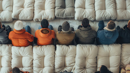 People sitting in basement shelter during shelling in Ukraine waiting ceasefire.の素材