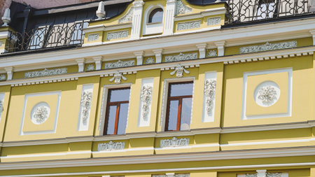 Classic European architecture street scene ideal for travel and heritage ads.の写真素材