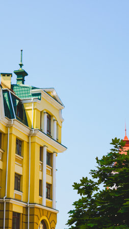 Old European town square with historic buildings great for editorial or ads.の写真素材