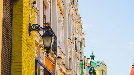 Old European town square with historic buildings great for editorial or ads.の写真素材