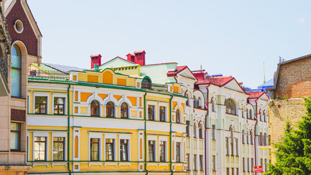Classic European architecture street scene ideal for travel and heritage ads.の写真素材