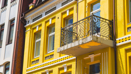 Classic European architecture street scene ideal for travel and heritage ads.の写真素材