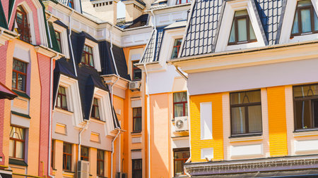 Cozy old brick houses in a European town for travel blogs and editorials.の写真素材