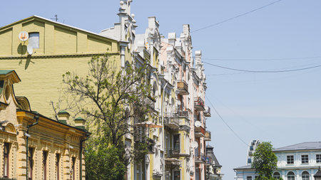 Classic European architecture street scene ideal for travel and heritage ads.の写真素材