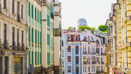Cobblestone lane lined with centuries old buildings for lifestyle or real estate.の写真素材