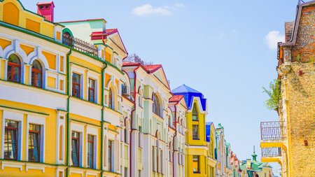 Ornate urban facade near a plaza, suitable for travel poster or decor prints.の写真素材