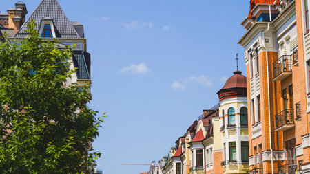 Cozy old brick houses in a European town for travel blogs and editorials.の写真素材