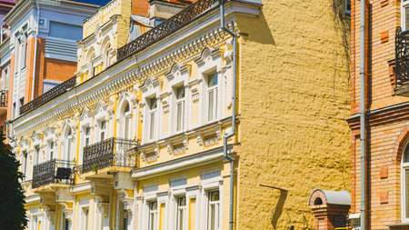 Old European town square with historic buildings great for editorial or ads.の写真素材