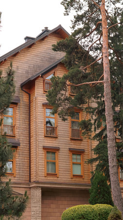 Elegant wooden facade with vintage windows and lush pine backgroundの写真素材