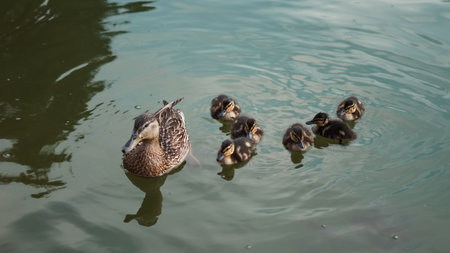 Family of ducks floating on water in tranquil park lake at sunrise.の写真素材