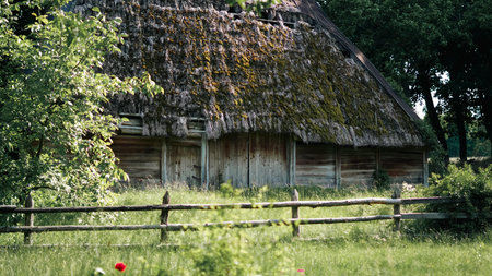 Traditional Ukrainian rural house with thatched roof and clay walls.の写真素材