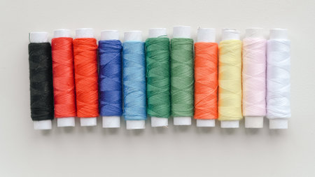 Sewing composition with threads, pins, and tape on neutral white surface.の写真素材