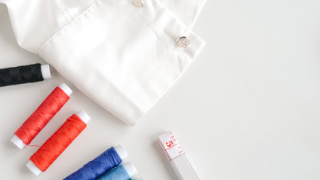 Colorful sewing threads and measuring tape on clean white background.の写真素材