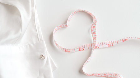 Colorful sewing threads with measuring tape on clean white background.の写真素材