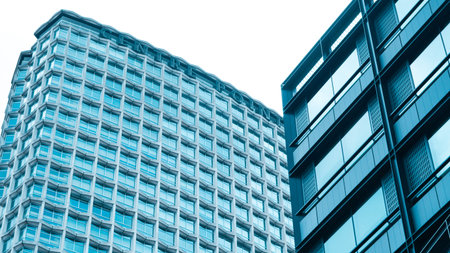 Contemporary glass high rise with sleek lines and urban minimalistic style.