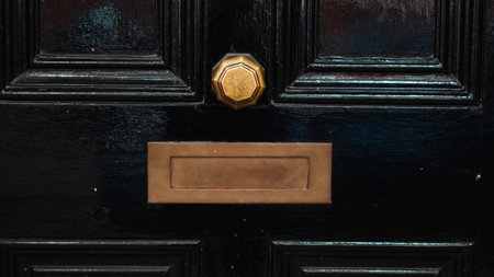 Traditional British door with classic mail slot and vintage architectural detail.