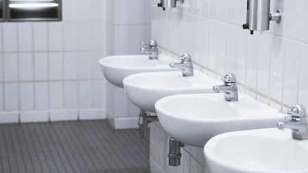 Hygienic white restroom interior with multiple sinks for hand washing use