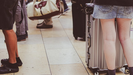 Relocation concept captured through walking legs and suitcases on train platform