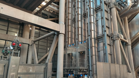 Futuristic metal building with visible external elevators in London.