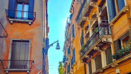 Old Venetian houses built of rustic bricks with warm earthy tonesの写真素材