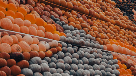 Autumn pumpkin harvest on countryside farm with rustic decorの写真素材