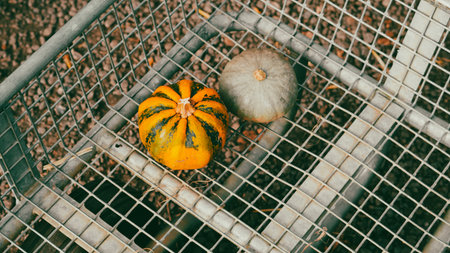 autumn pumpkins background with seasonal farm harvest decorationsの写真素材