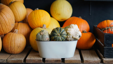 rustic pumpkin arrangement symbolizing autumn harvest and thanksgiving.の写真素材