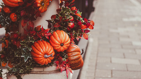Rustic fall doorway with pumpkins and natural harvest accents.の写真素材