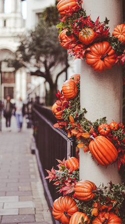 Rustic fall doorway with pumpkins and natural harvest accents.の写真素材