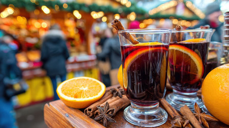 Glowing Christmas market with festive lights and hot mulled wine.の写真素材