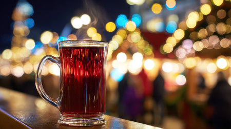 Street vendor pours mulled wine at busy Christmas market night.の写真素材